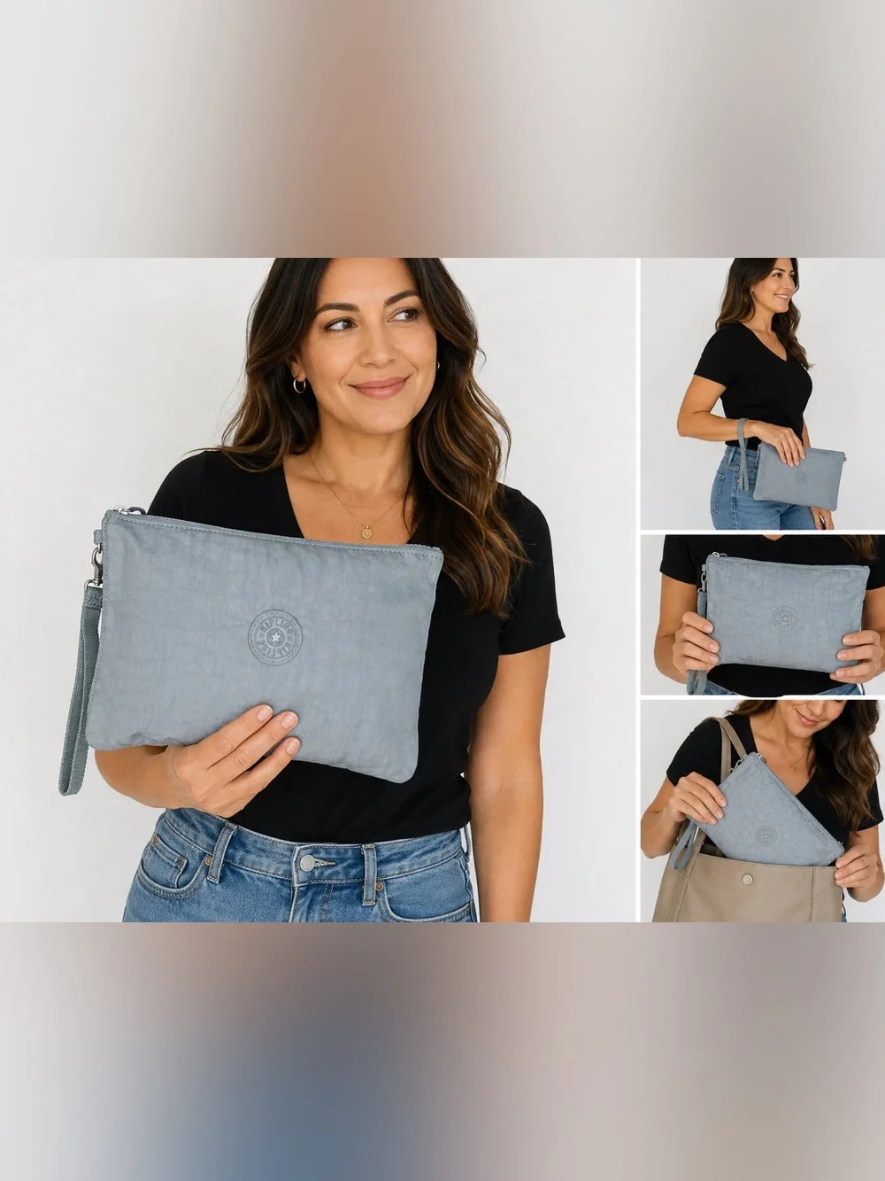 Kipling Iaka L Wristlet Pouch Relaxed Grey Zip Clutch Travel Organizer